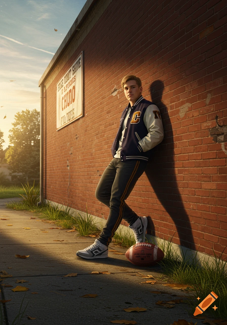 A young man in a varsity jacket leans against a brick wall with a football on the ground, bathed in golden light. Photorealistic style.