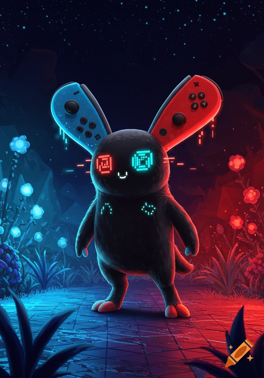 Cute dark creature with blue and red Nintendo Switch Joy-Cons as ears, glowing eyes, in a neon-lit fantasy landscape with starry sky, digital art.
