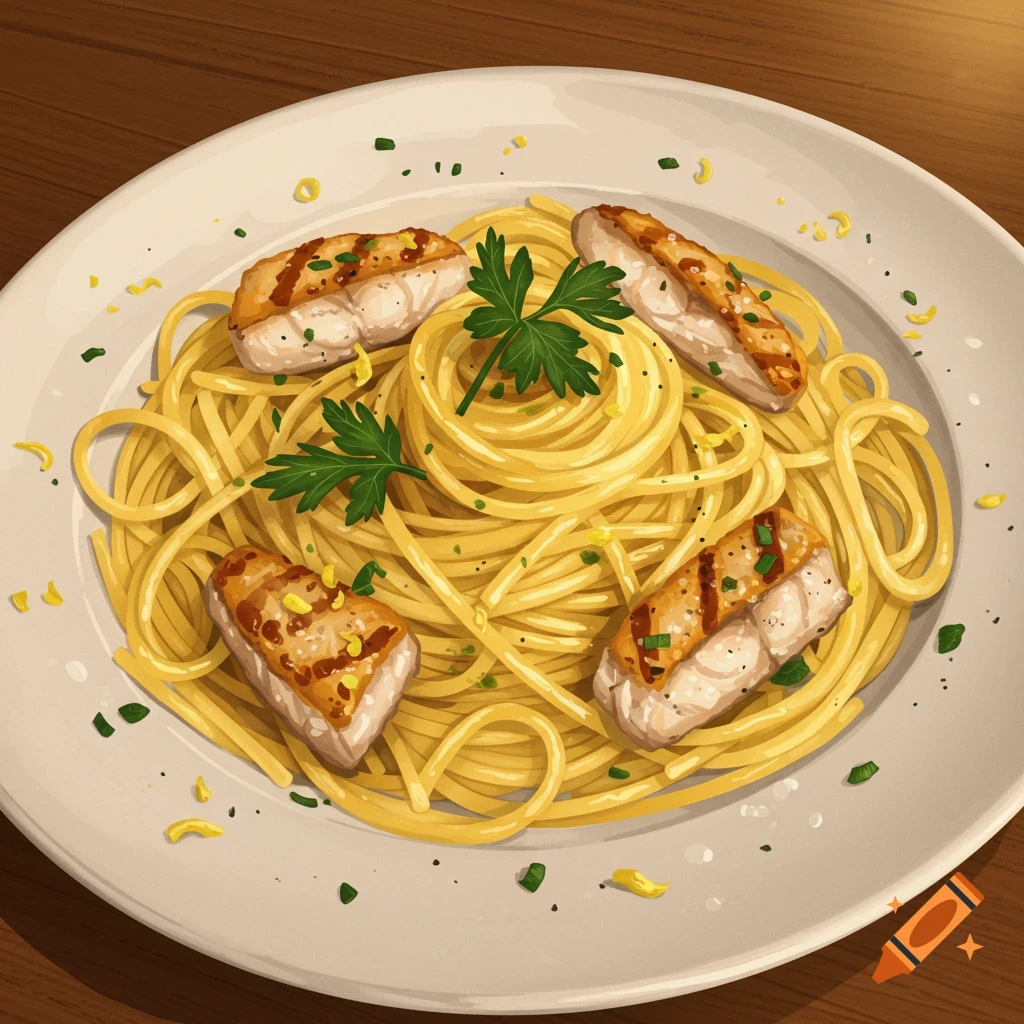 An illustrated plate of spaghetti topped with four pieces of grilled fish, parsley, and lemon zest.