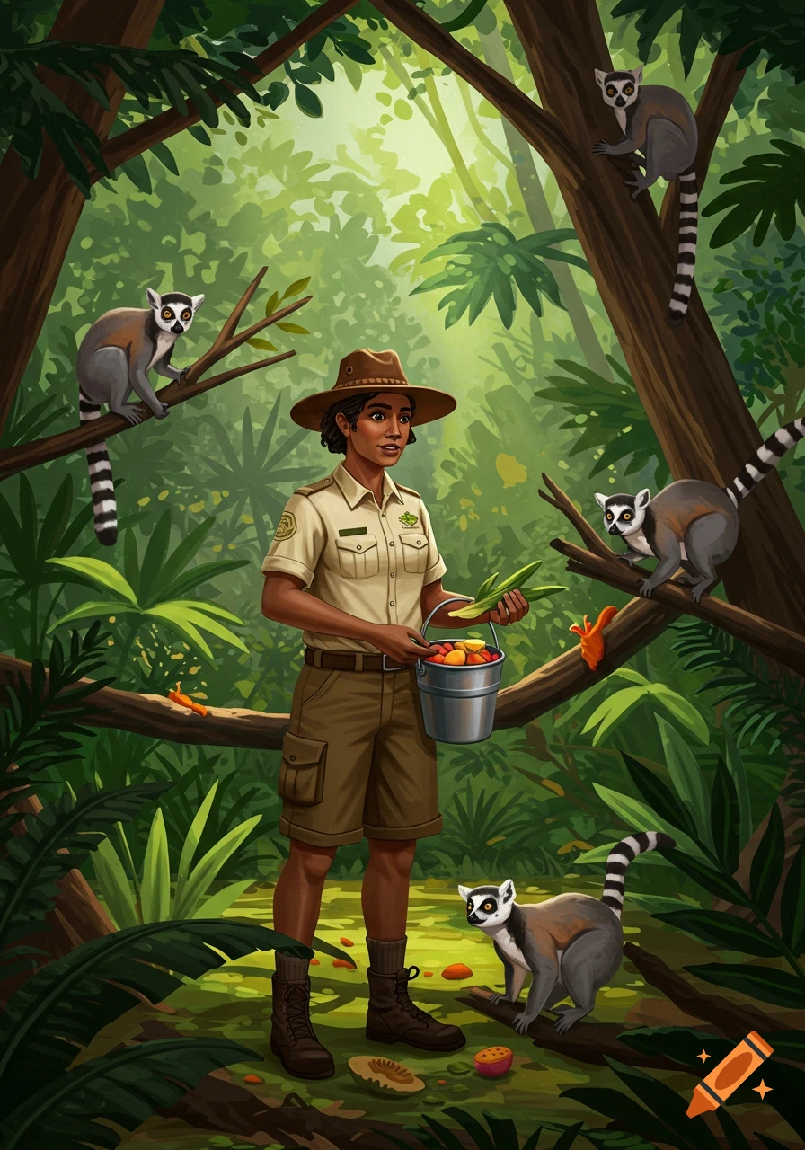 A zookeeper in khaki uniform feeds ring-tailed lemurs in a lush green jungle. Stylized illustration.