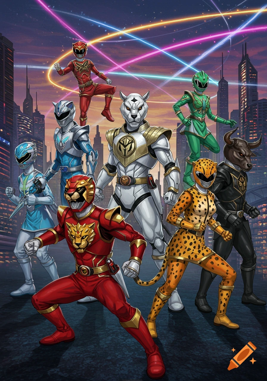 A team of colorful animal-themed Power Rangers in dynamic poses against a futuristic city skyline with neon lights.