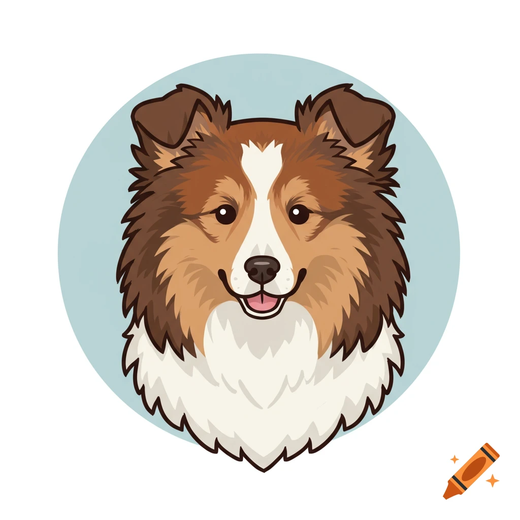 Cartoon head of a smiling Shetland sheepdog against a light blue circle.