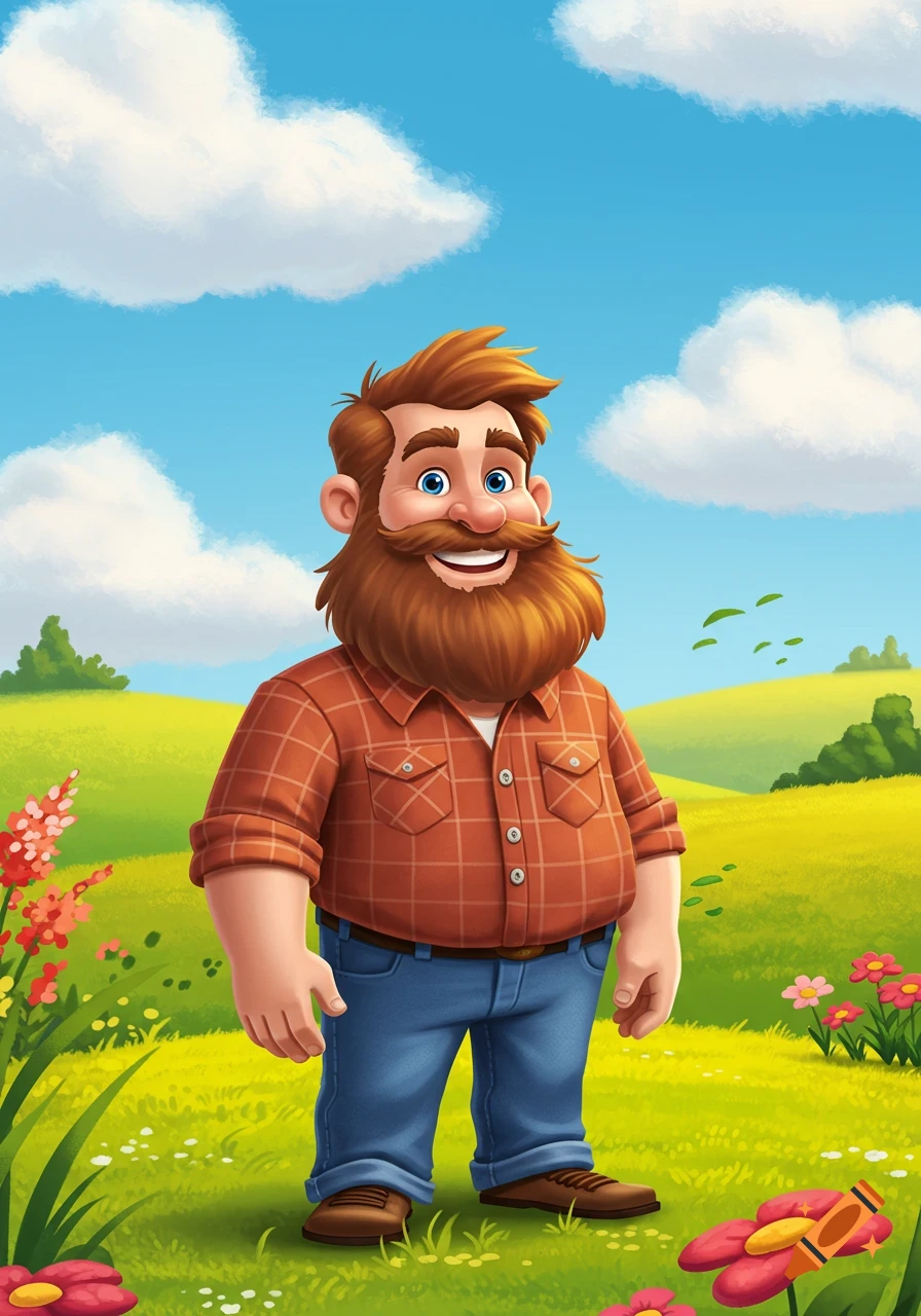 A smiling, bearded cartoon man in a plaid shirt and jeans stands in a sunny green field with flowers and clouds.