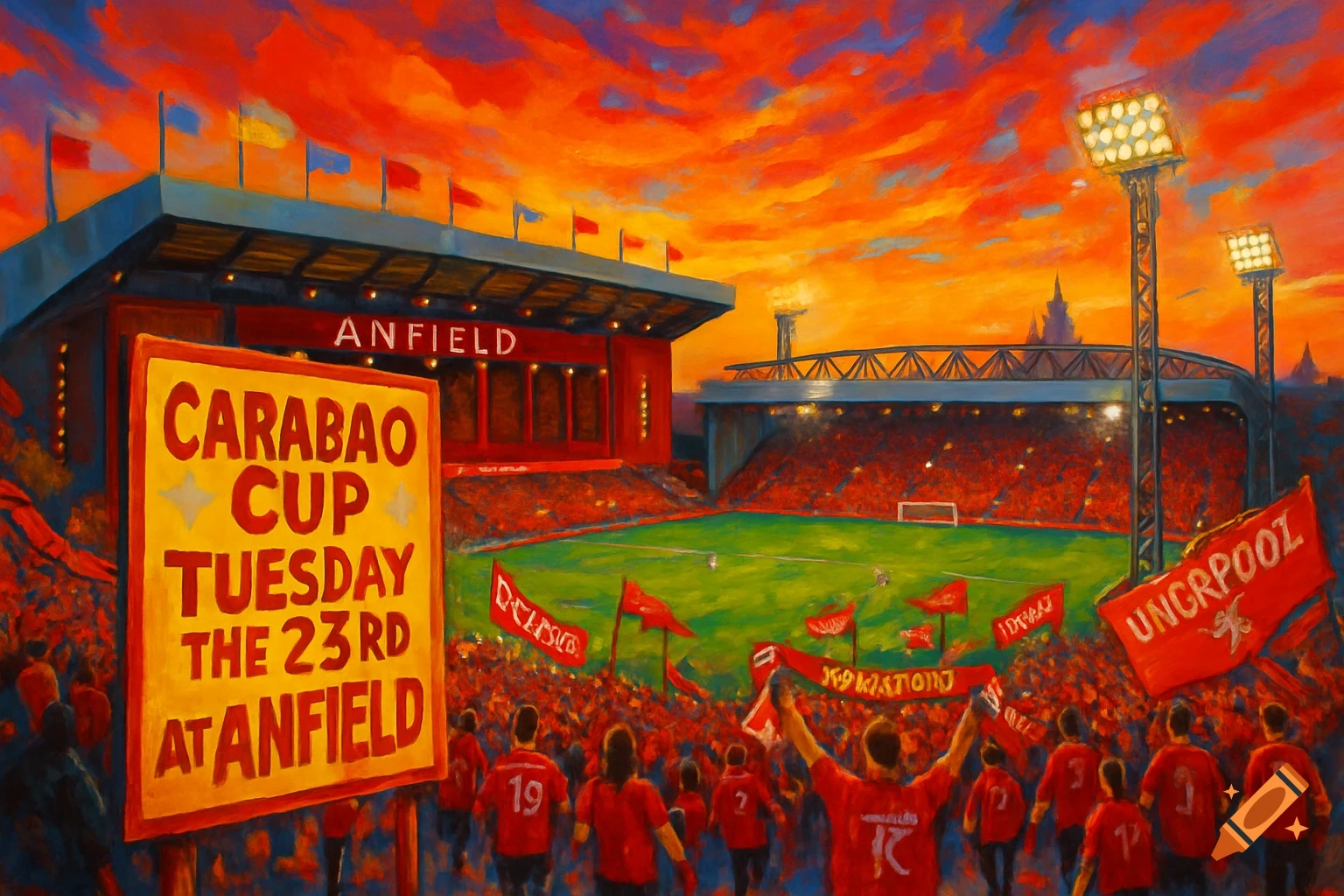 An impressionistic painting of a vibrant football stadium, Anfield, at sunset with a large crowd and a match day poster.