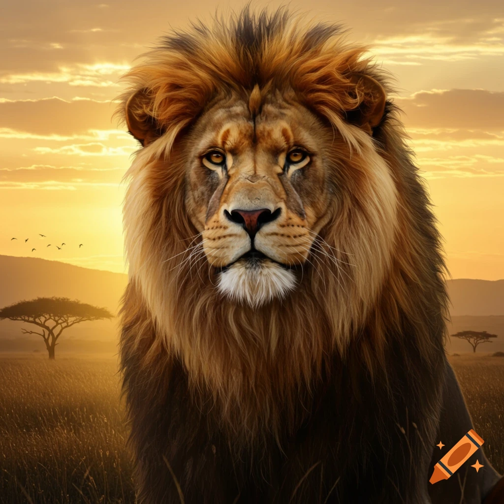 A majestic lion with a full mane looking forward, set against an orange sunset in a savanna.