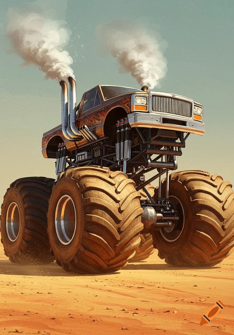 A large monster truck with six huge wheels, chrome exhausts, and flame decals drives in a sandy desert, emitting smoke.