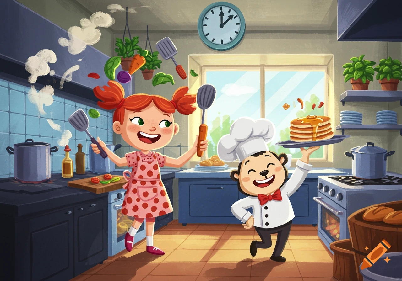 A happy cartoon girl and a small chef character cook together in a bright kitchen, with the chef holding a plate of pancakes.