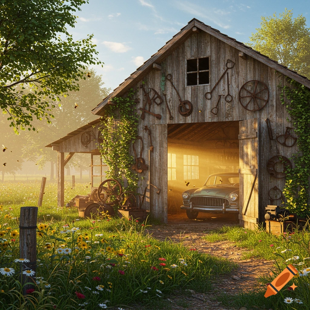 Photorealistic rustic barn with a vintage car inside, bathed in golden light in a sunny wildflower meadow.