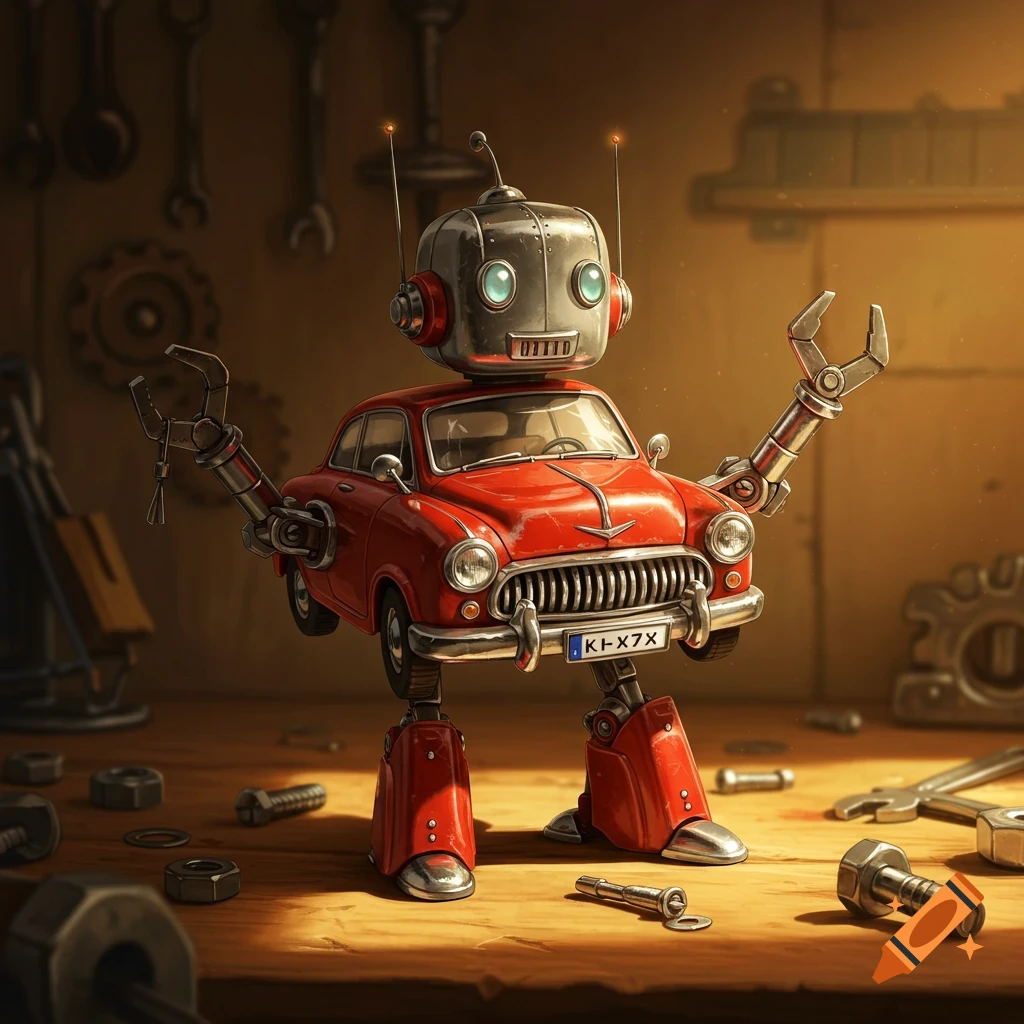 A vintage red car transformed into a robot with a metallic head, mechanical arms, and legs, standing in a workshop filled with tools.