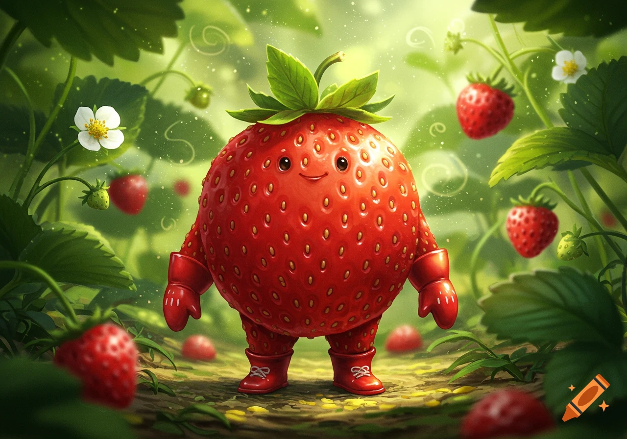 Whimsical cartoon strawberry character with red gloves and boots in a vibrant strawberry patch.