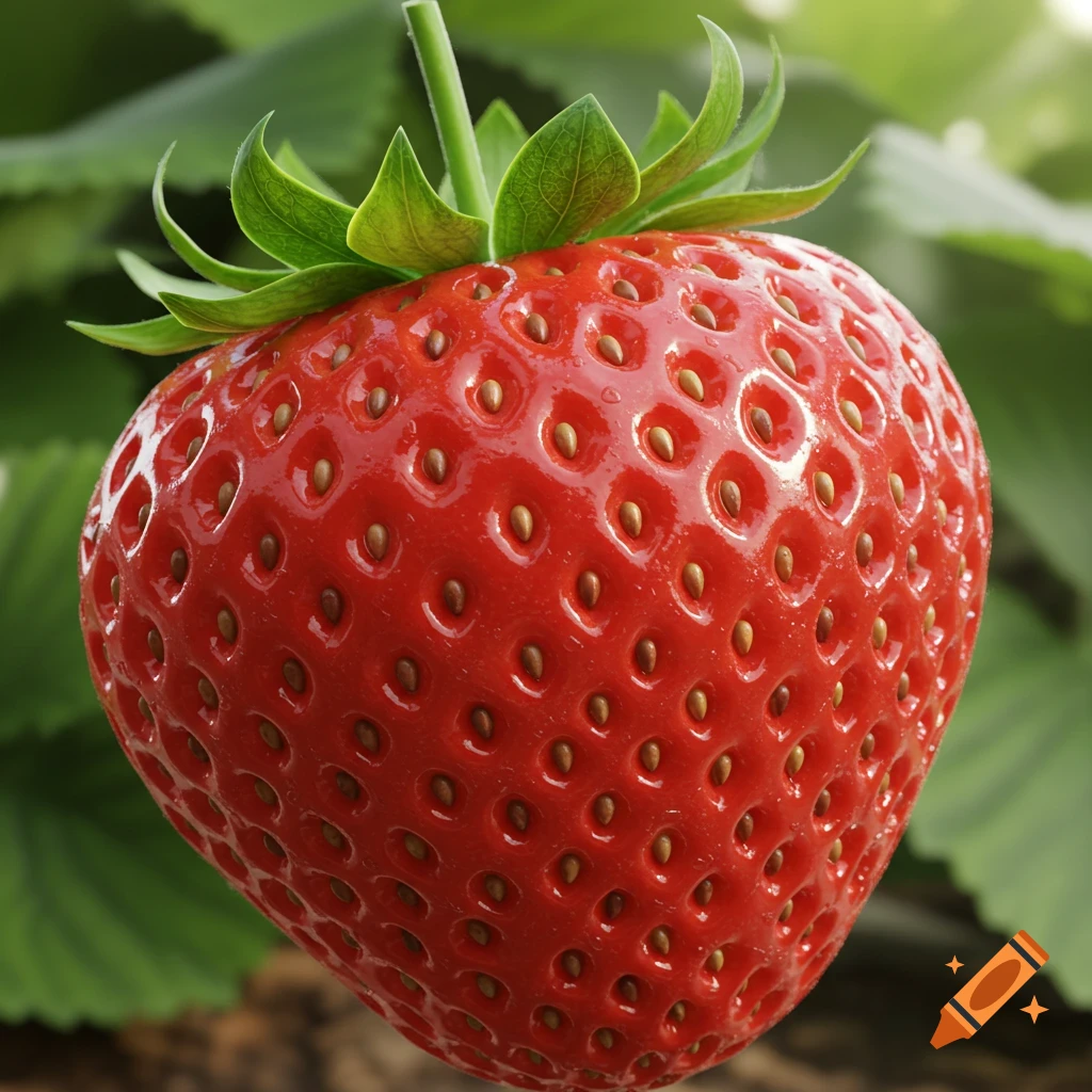 Close-up photorealistic shot of a vibrant red strawberry with green leaves and stem against a blurred green background.
