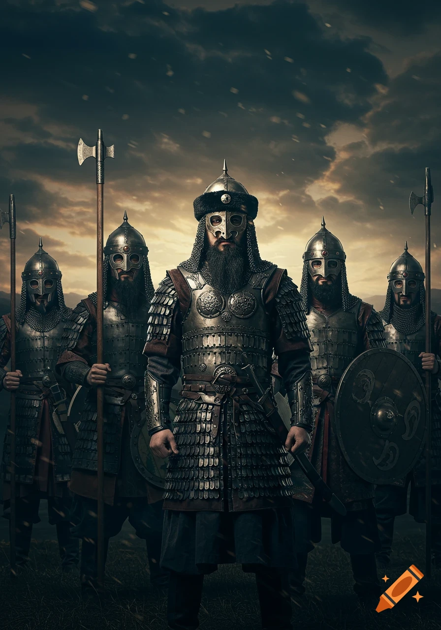 Five ancient warriors in intricate metal armor and face masks stand under a dramatic cloudy sky, holding axes and spears.