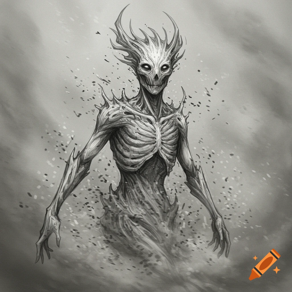 A skeletal, ash-like creature with glowing eyes and spiky protrusions, in a grayscale sketch style.