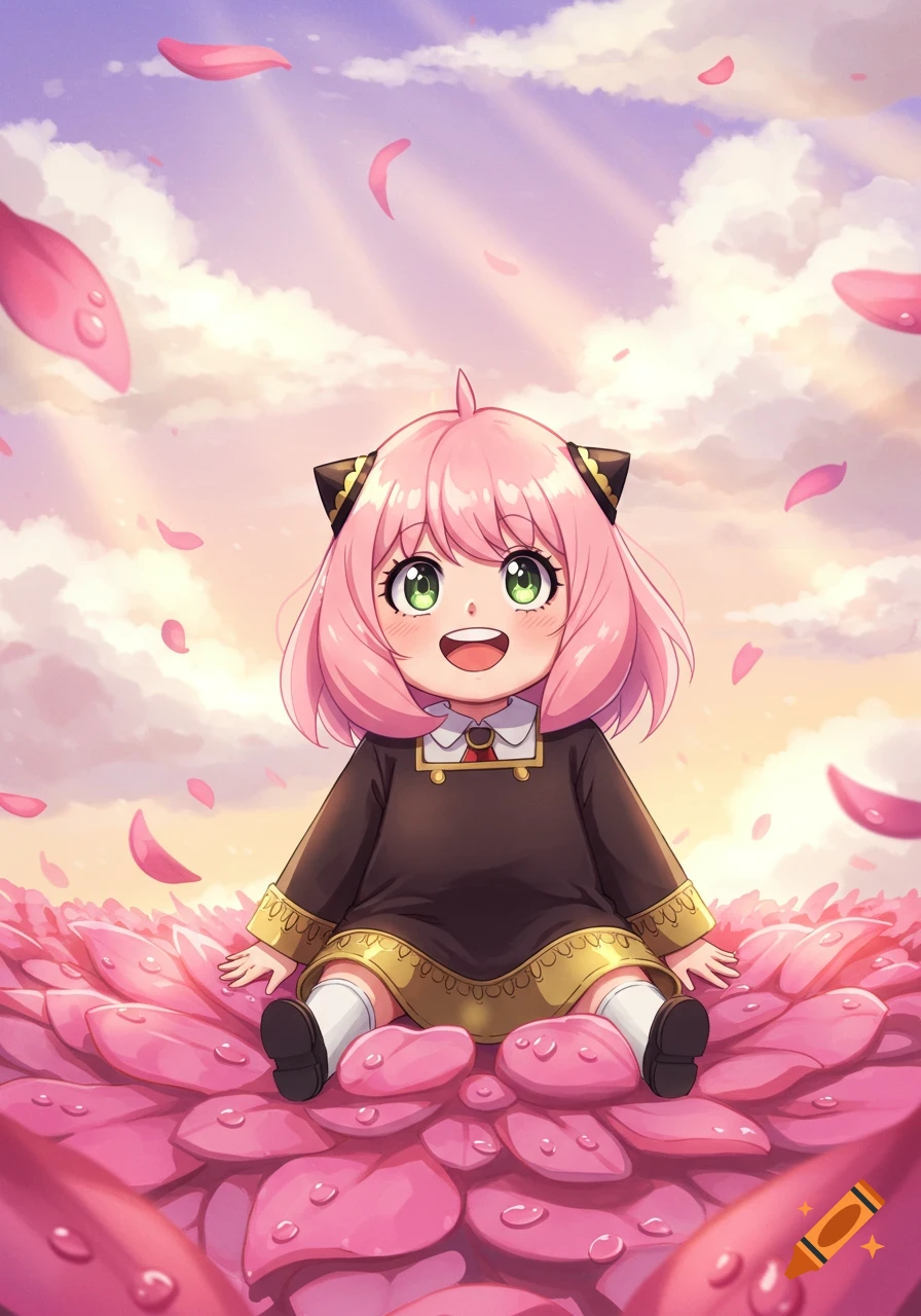 Anya Forger, a smiling pink-haired anime girl, sits on a bed of pink petals with a cloudy, sunlit sky background.