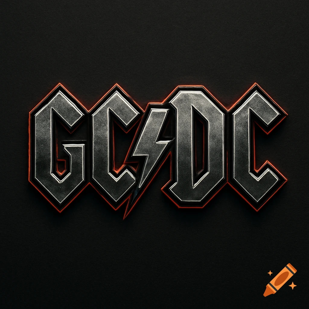 A metallic silver and orange logo on a dark background, stylized like the AC/DC logo, but reads GCDC with a lightning bolt.