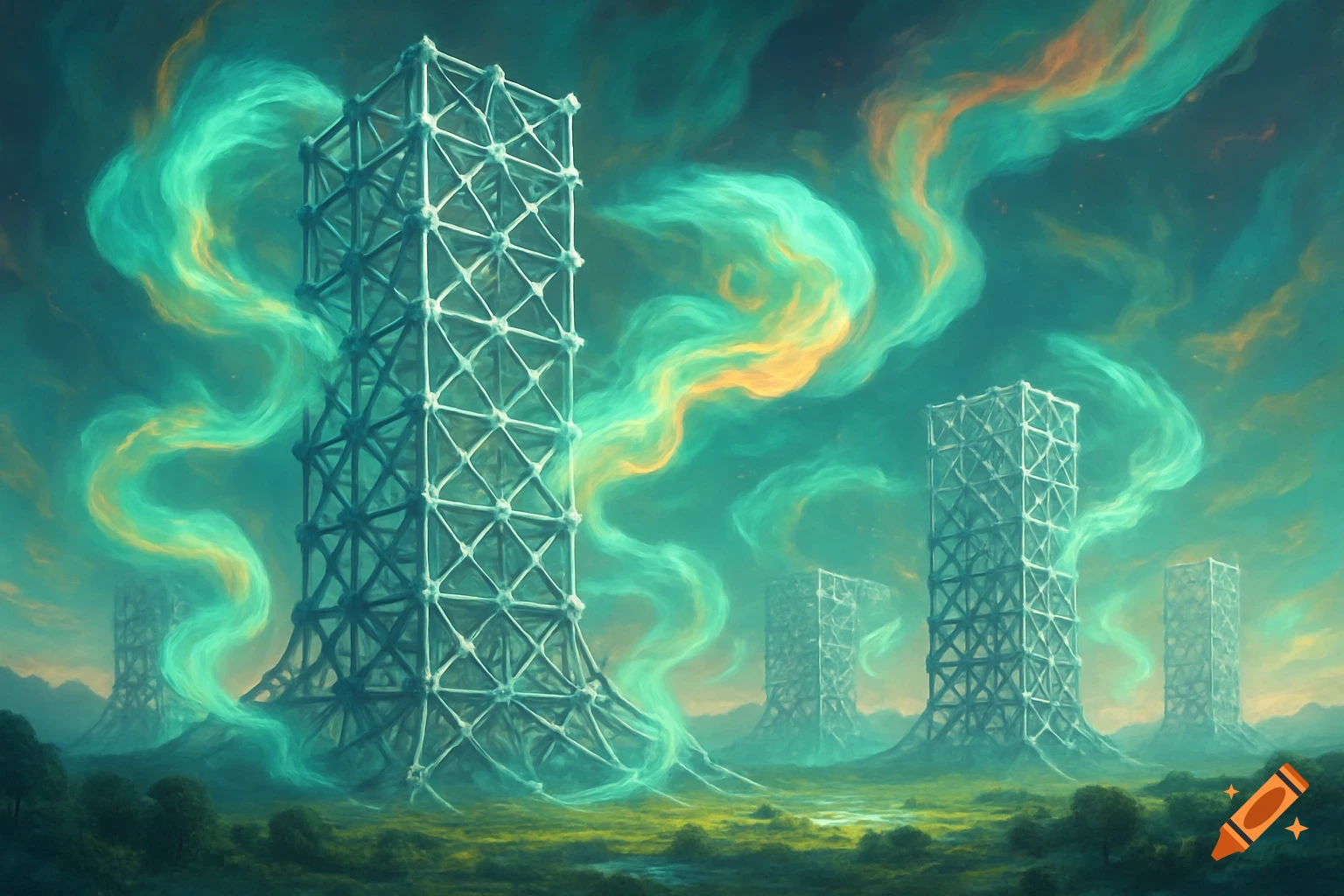 Tall, intricate lattice towers stand in a vibrant green and blue alien landscape with swirling turquoise and orange clouds. Fantasy art style.