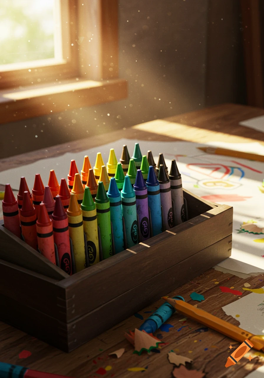 A wooden box of colorful crayons on a sunlit wooden desk with drawing paper, pencils, and shavings. Photorealistic.