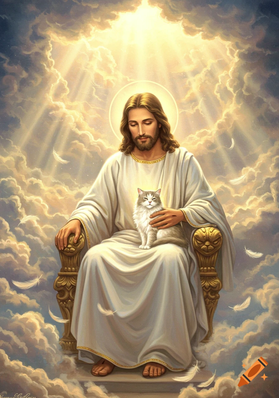 Jesus sits on a golden throne in glowing clouds, holding a fluffy white and grey cat on his lap, with feathers floating around him.