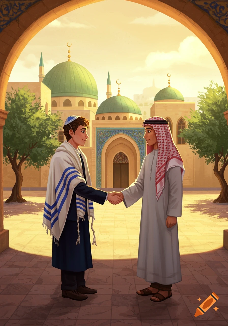 An illustration of a Jewish man and an Arab man shaking hands in a sunlit courtyard with mosques in the background.