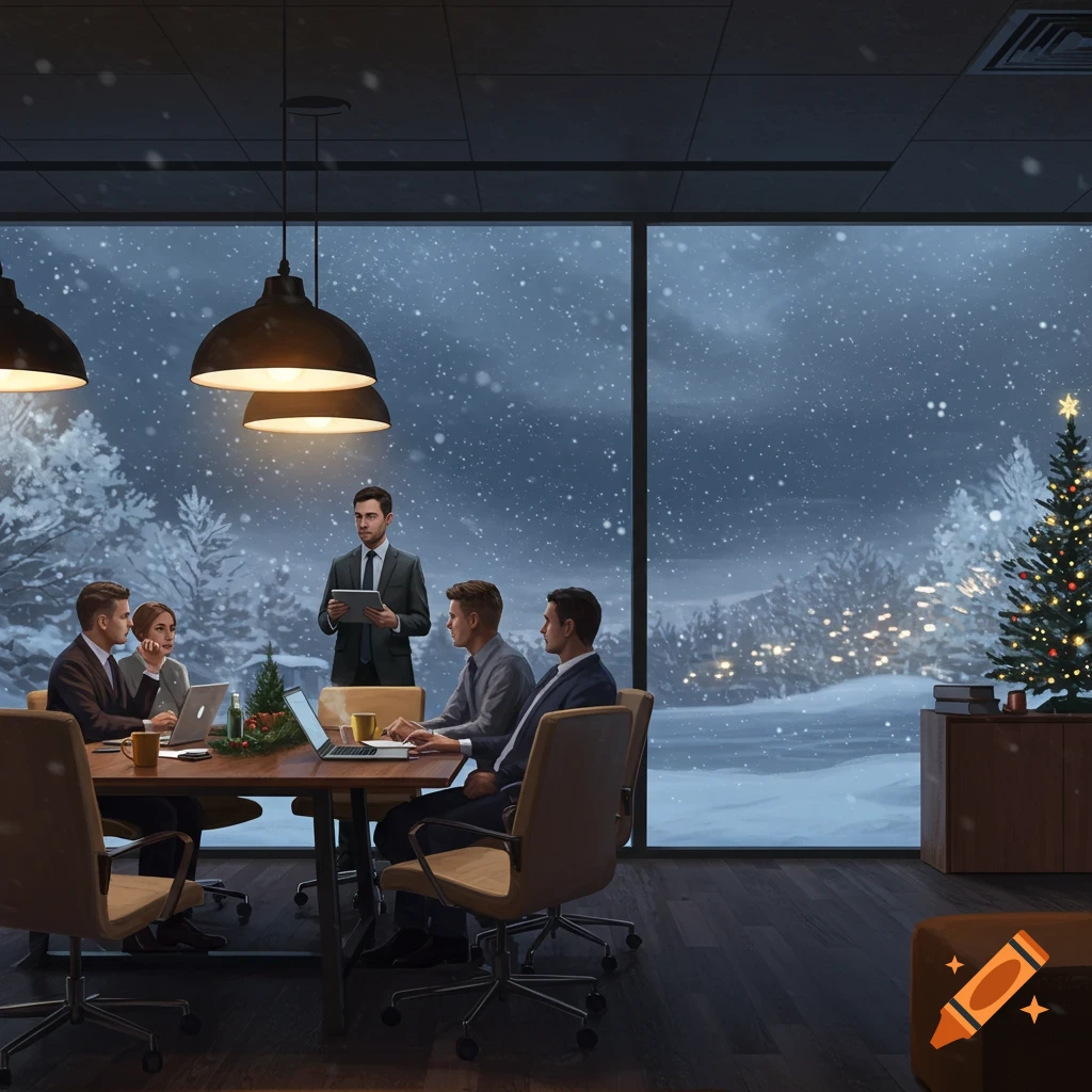 A group of professionals in an office meeting overlooking a snowy winter landscape with a decorated Christmas tree.