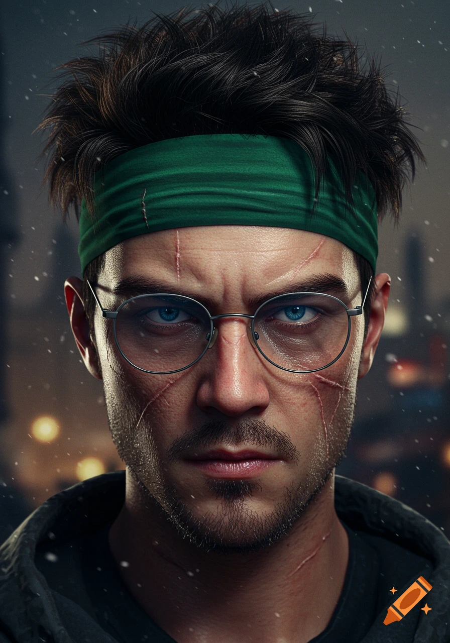 Photorealistic close-up portrait of a serious young man with face scars, glasses, and a green headband, in a blurry urban setting.