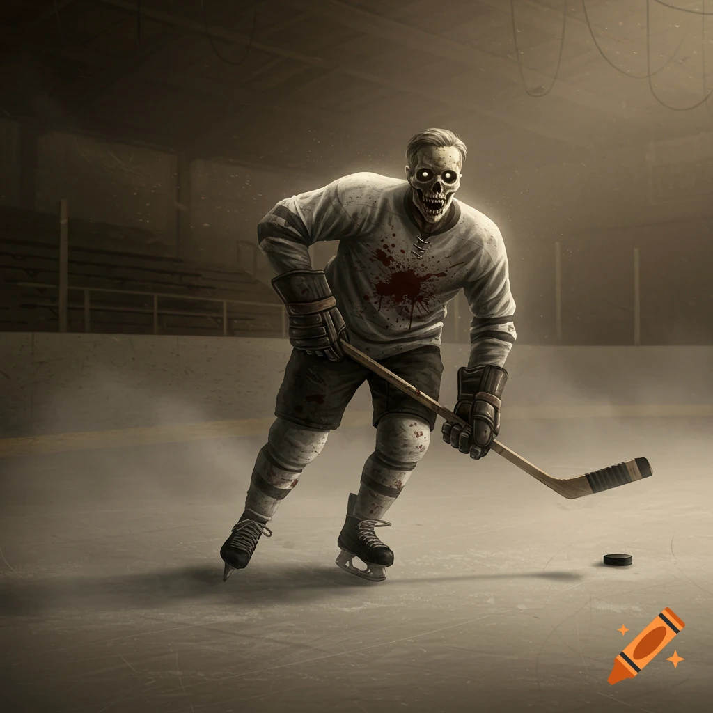 A horror-style zombie hockey player with glowing eyes and a blood-stained jersey skates on ice, holding a stick.