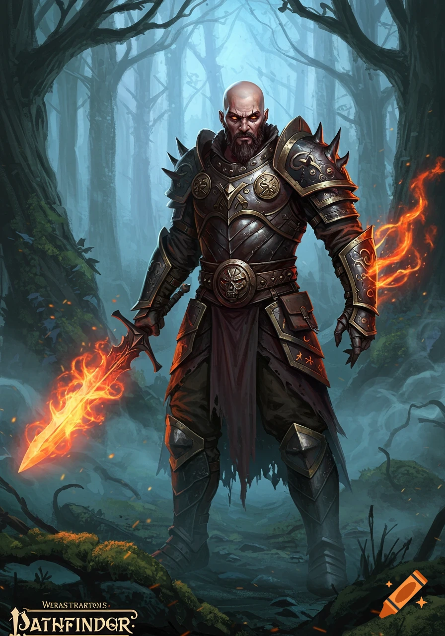 Bald, bearded warrior-mage in runic armor wields a flaming sword and dark magic in a misty forest.