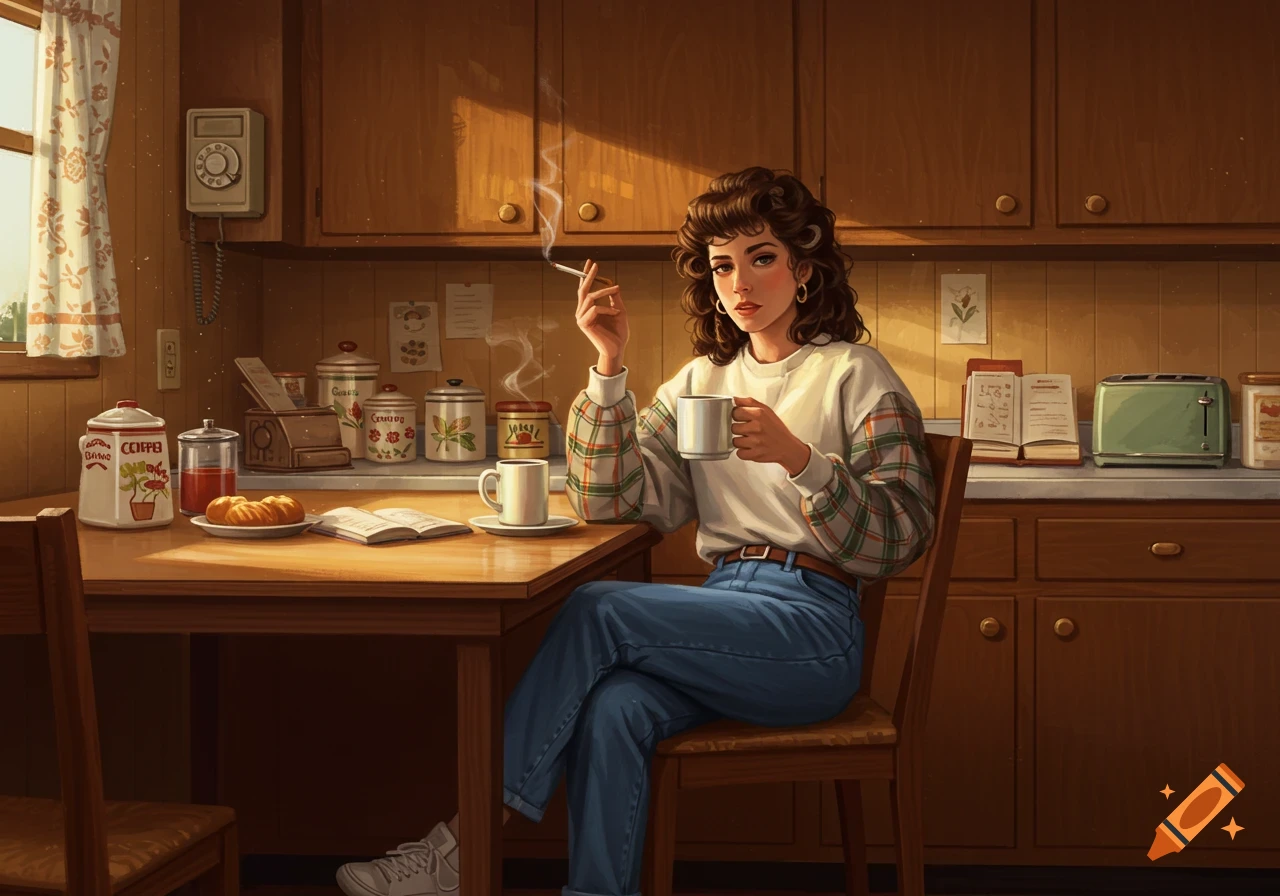 An illustration of a woman with curly hair, in a 90s-style kitchen, smoking a cigarette and holding a coffee cup.