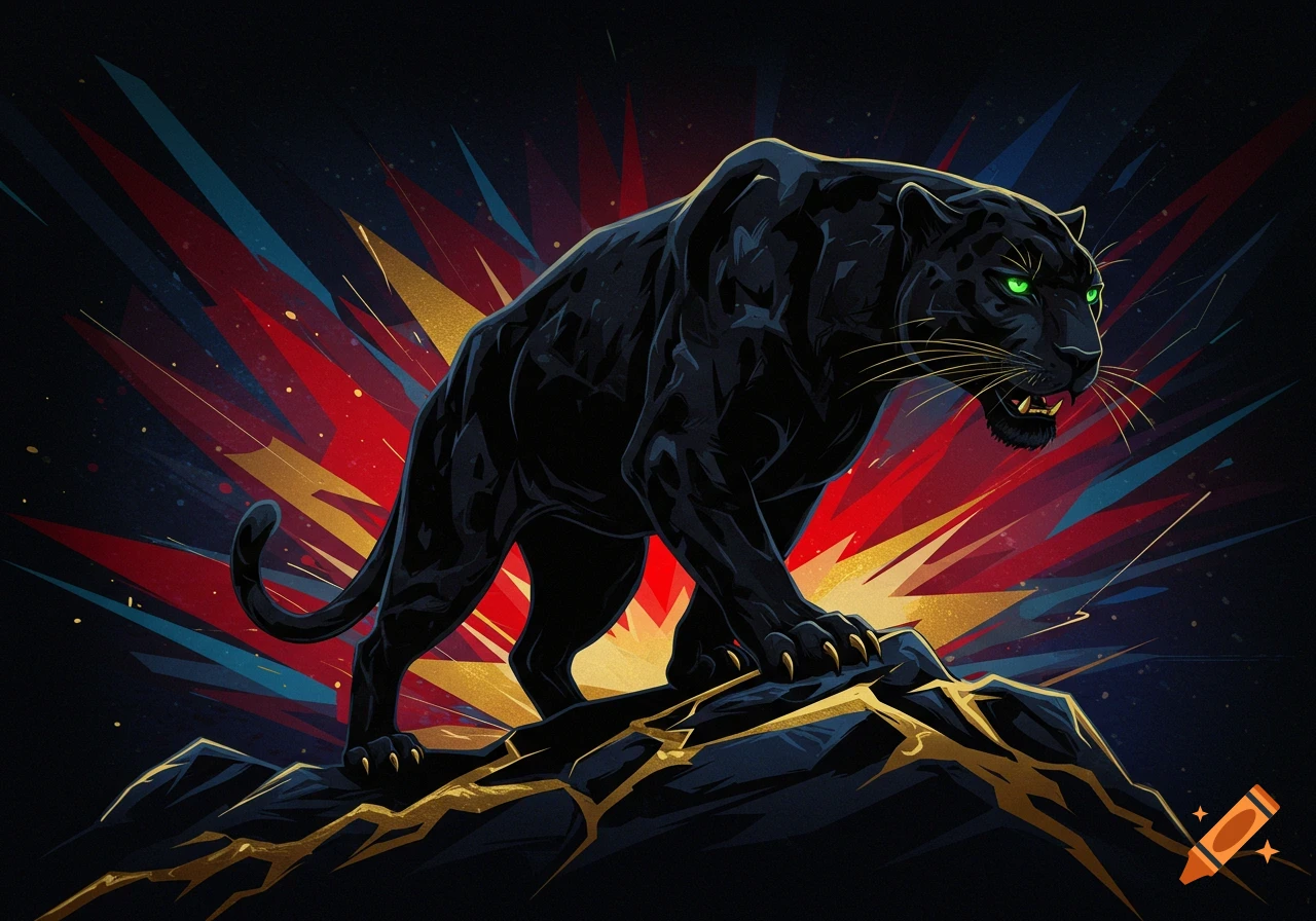 A bold, high-contrast illustration of a black panther with glowing green eyes, standing on rocks against a dynamic background of red, blue, and gold spikes.