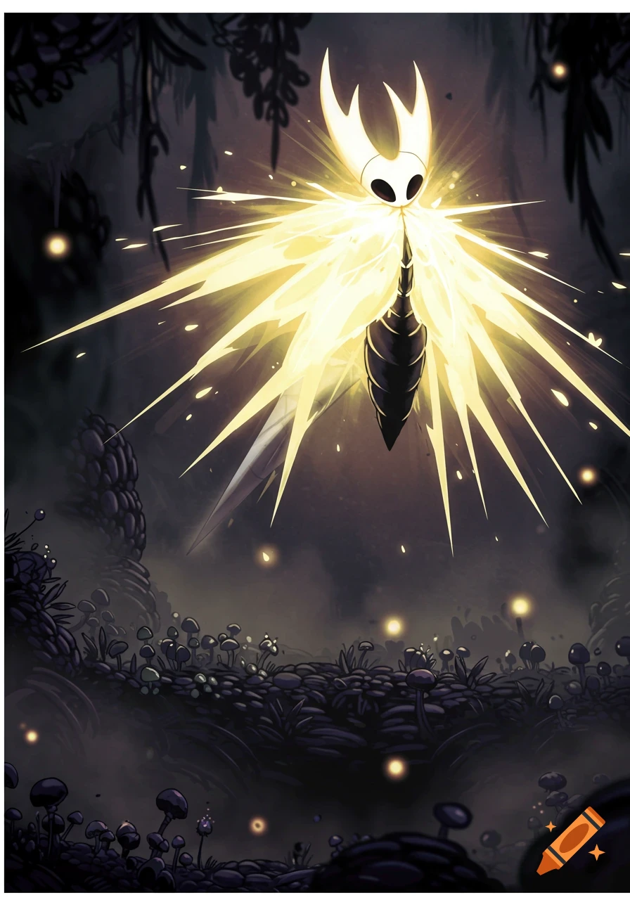 The Absolute Radiance from Hollow Knight, a glowing white and black bug-like deity radiating yellow energy in a dark, stylized fungal forest.