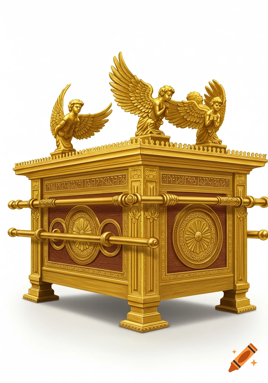 A richly detailed golden Ark of the Covenant, adorned with ornate carvings and two golden cherubim on its lid, against a white background.