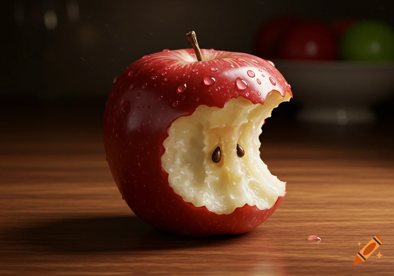 A photorealistic red apple with a bite taken out, covered in water droplets, on a wooden surface.