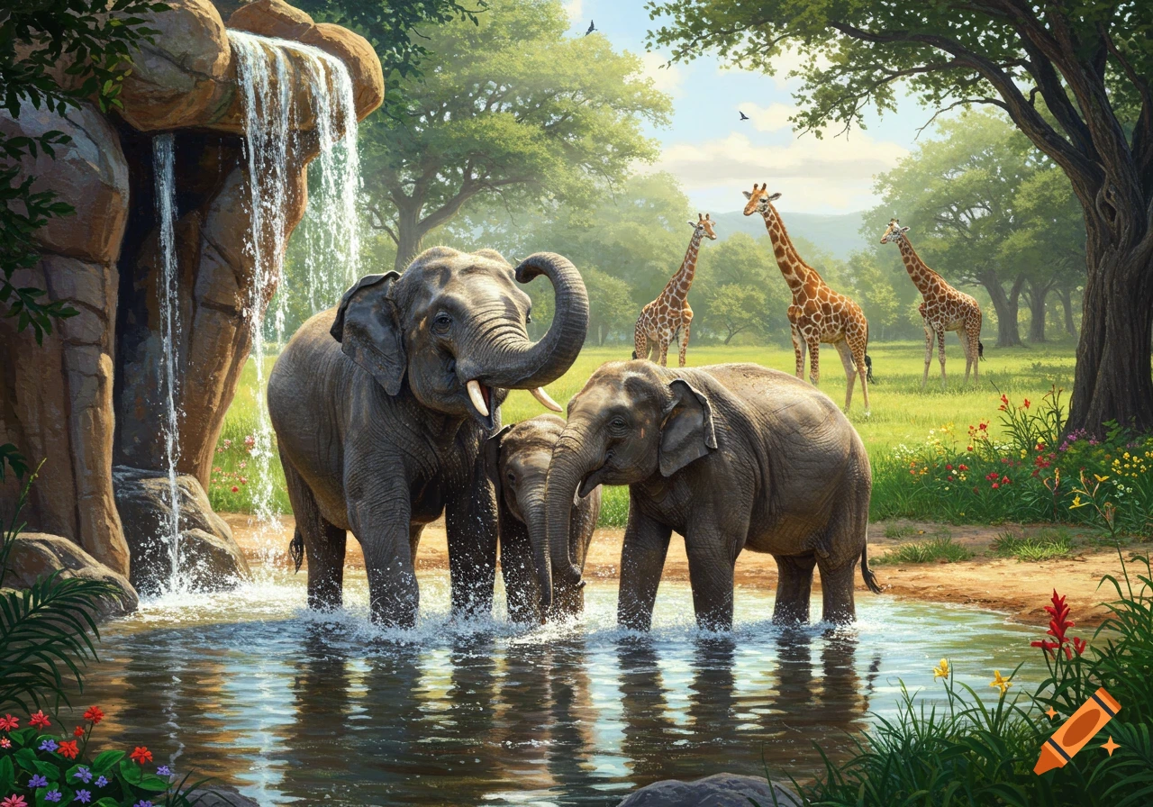 Photorealistic scene of elephants bathing by a waterfall, with giraffes in a lush green savanna under a blue sky.