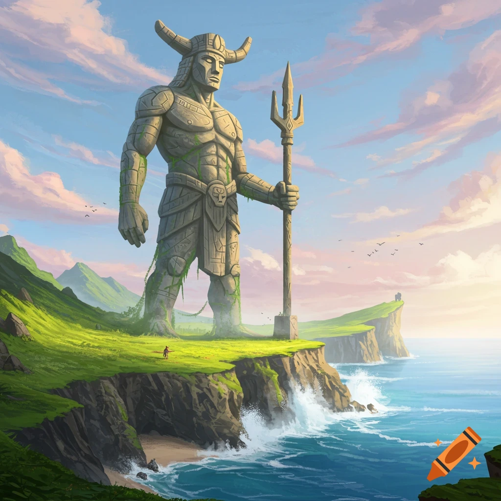 A giant weathered stone statue with horns and a trident stands on a green cliff by the ocean under a cloudy sky.