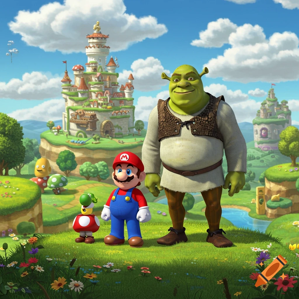 Mario and Shrek stand together in a vibrant, grassy fantasy world with castles in the background.