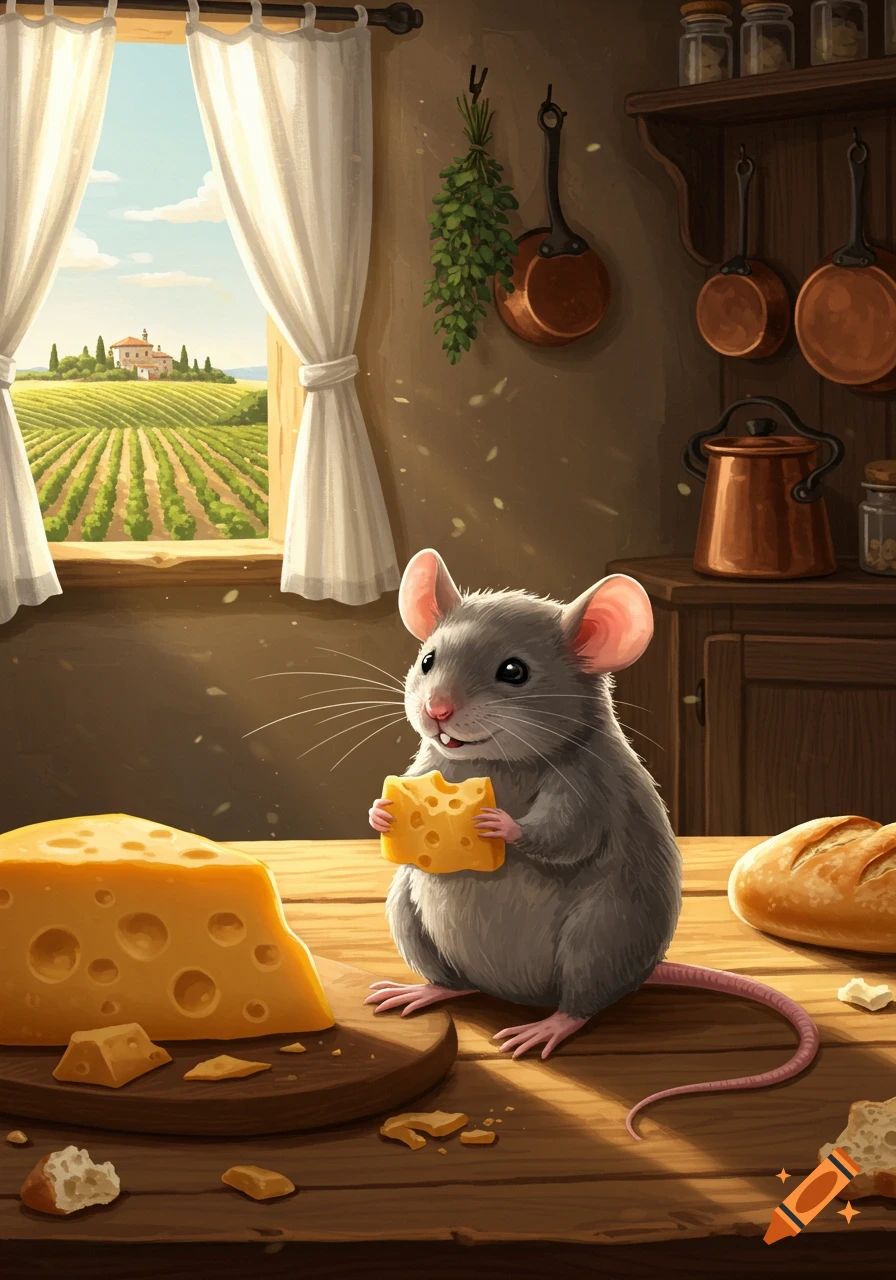 A cute gray cartoon mouse sits on a wooden kitchen table, nibbling a piece of cheese, with a vineyard visible through the window.