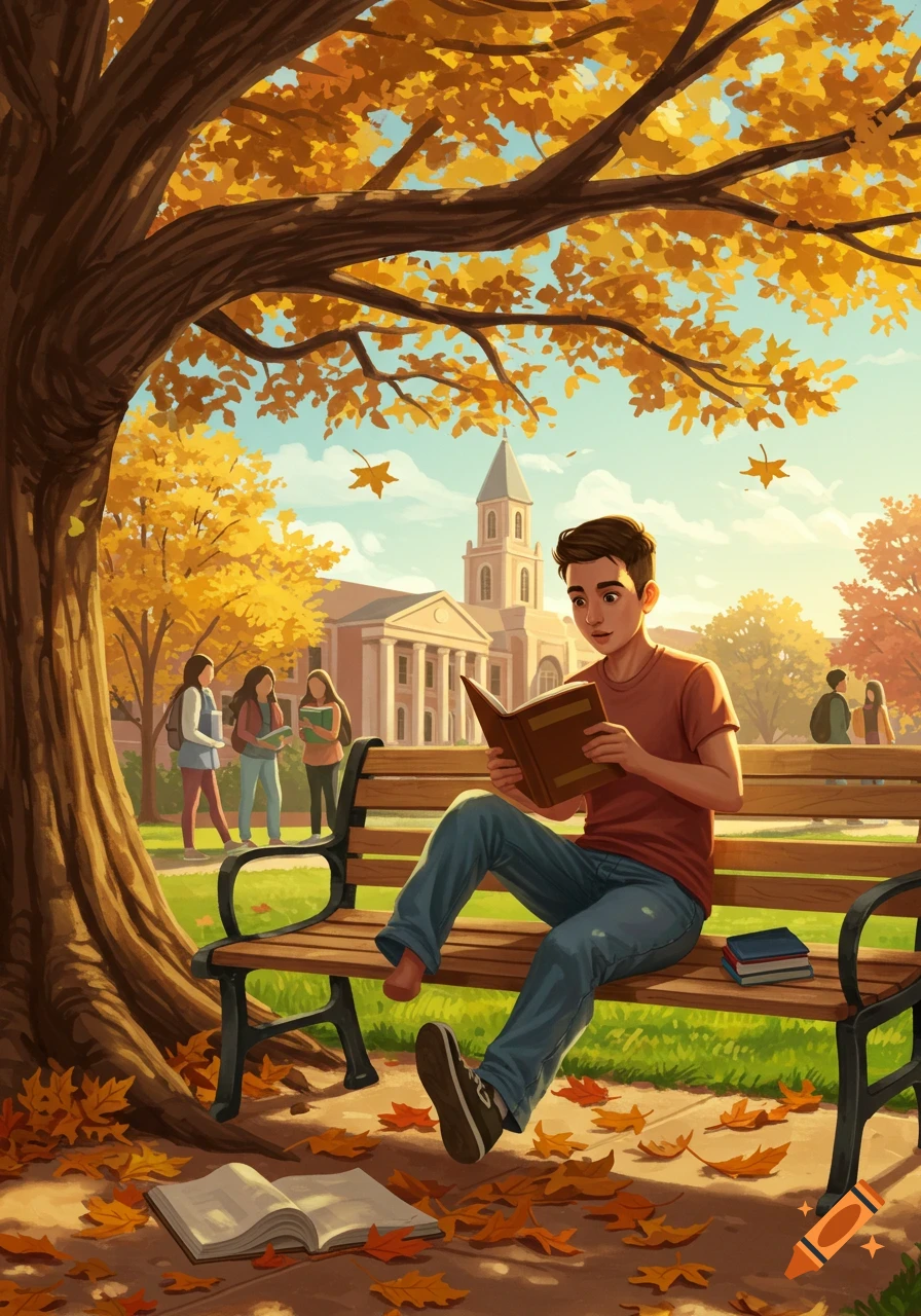 A male university student reads a book on a park bench under a large tree with golden autumn leaves. A campus building is in the background.