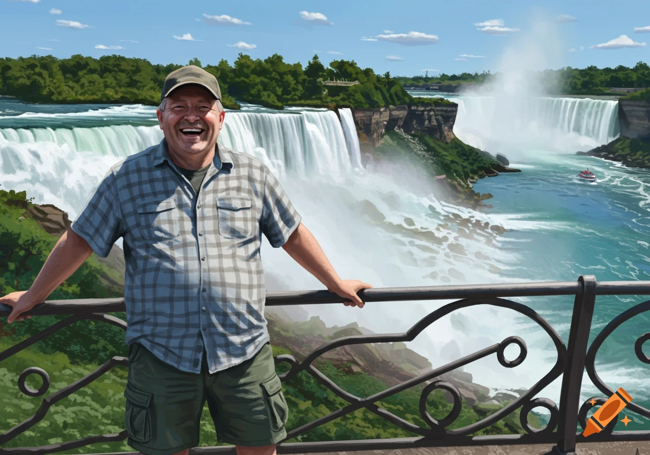 Smiling man in a cap and plaid shirt leaning on a railing with Niagara Falls behind him.
