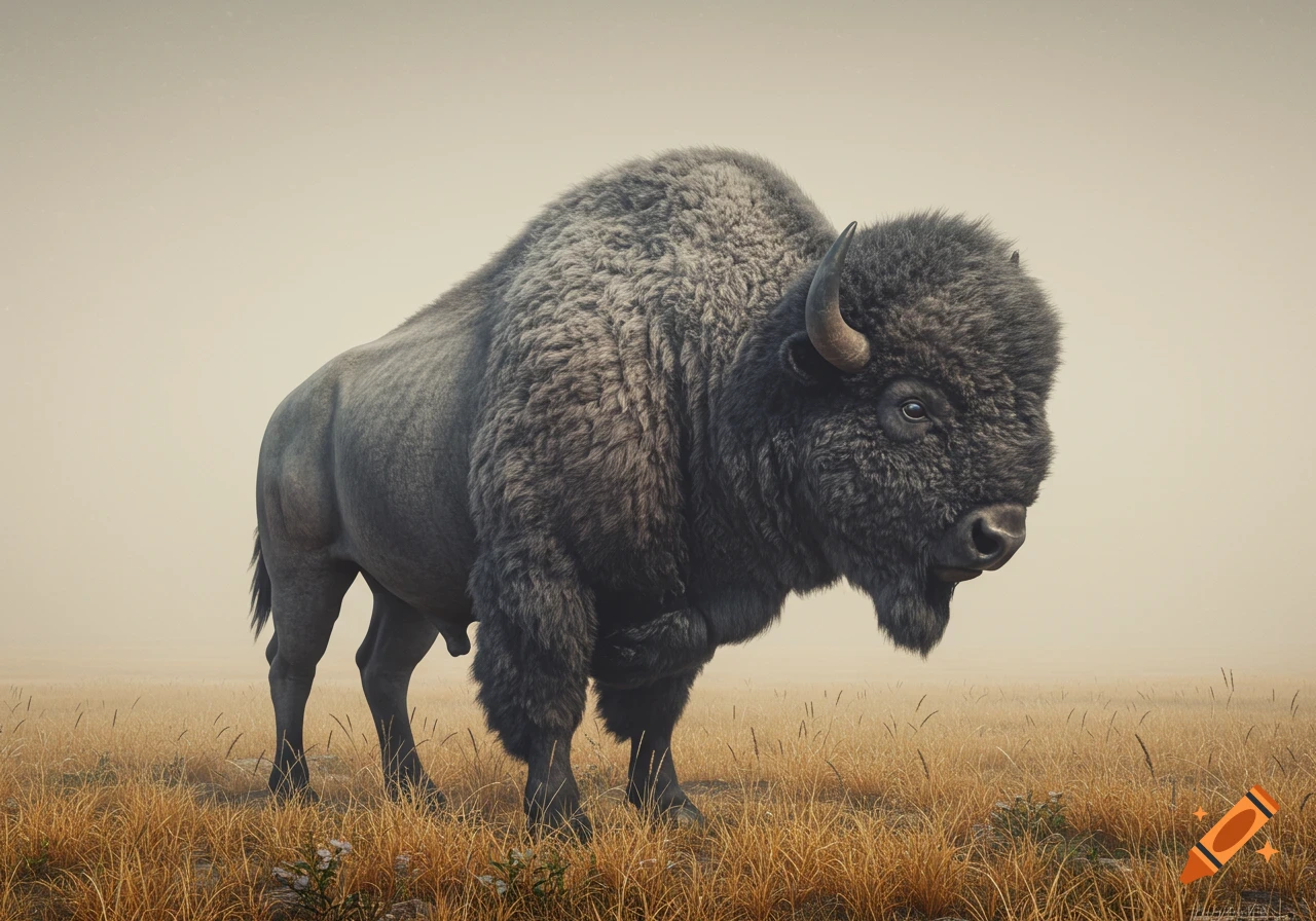 A fierce grey bison stands in a grassy field under a light sky, rendered in a detailed digital art style.