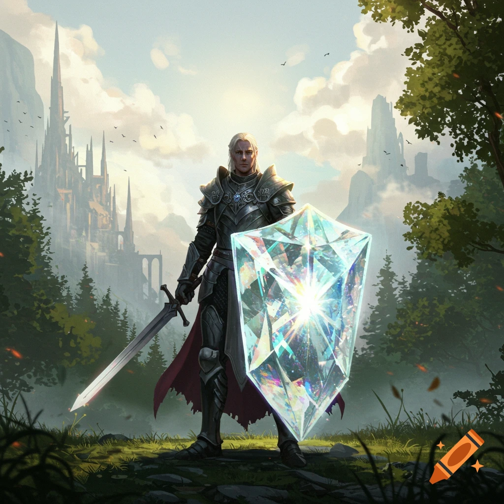 A knight with a sword and a sparkling diamond shield stands in a fantasy forest before a castle.