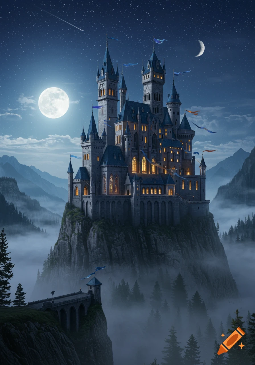 A majestic fantasy castle atop a misty, rocky mountain at night, with a full moon, crescent moon, and stars in the sky.