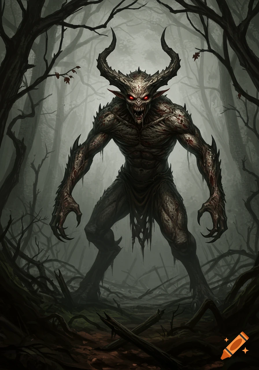 A scary, horned monster with glowing red eyes and sharp teeth stands in a dark, desolate forest.