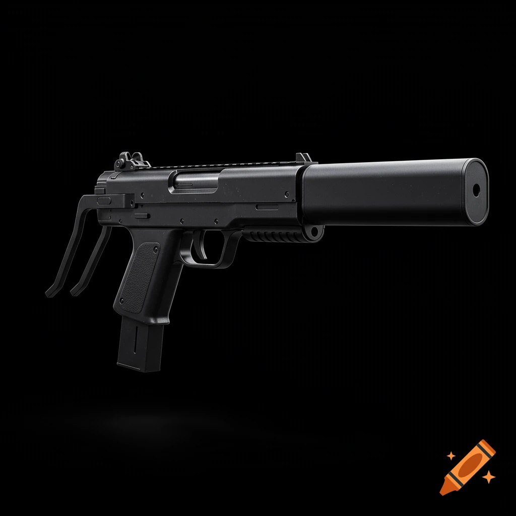 A jet black submachine gun with a large suppressor, shown against a black background.
