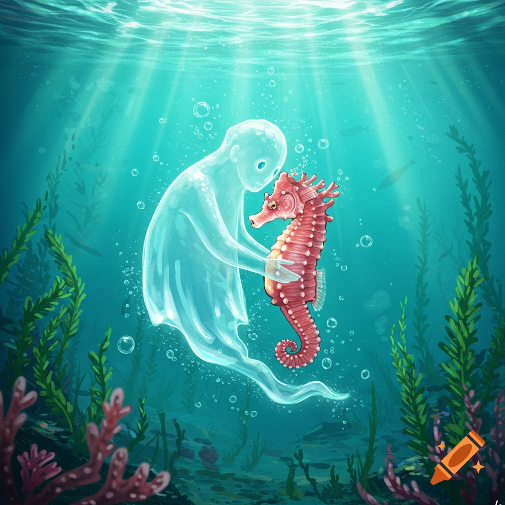 A translucent, glowing ghost-like figure gently hugs a pink seahorse in a vibrant underwater scene, with sunbeams from above.