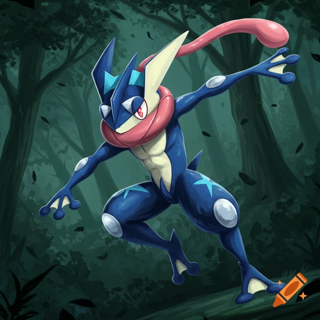 An illustrative image of the blue ninja-like frog Pokémon, Greninja, in a dynamic pose within a dark forest.