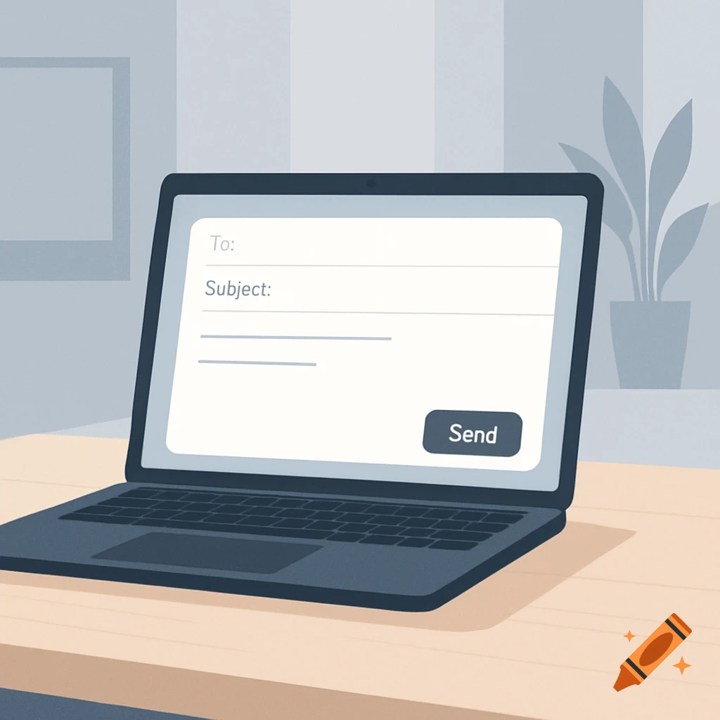 A minimalistic flat vector illustration of a laptop on a desk, showing an email draft with 'To:', 'Subject:', and 'Send' button on screen.