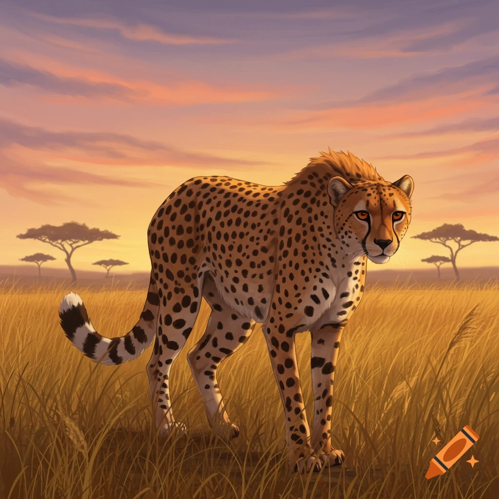 An illustration of a cheetah standing in a grassy savanna at sunset, looking forward.