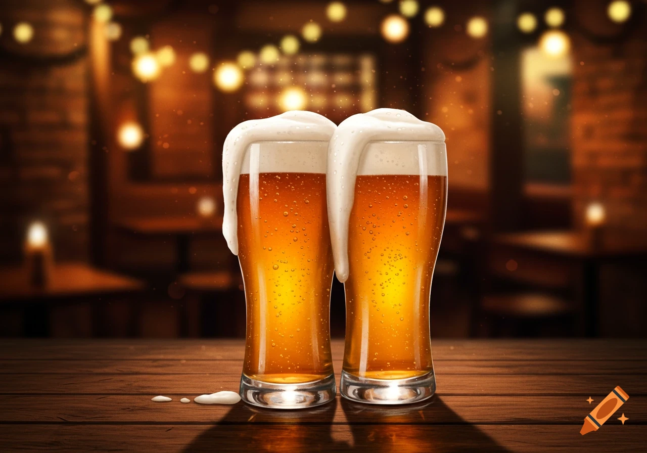 Two frothy glasses of beer on a wooden table in a dimly lit bar with string lights.