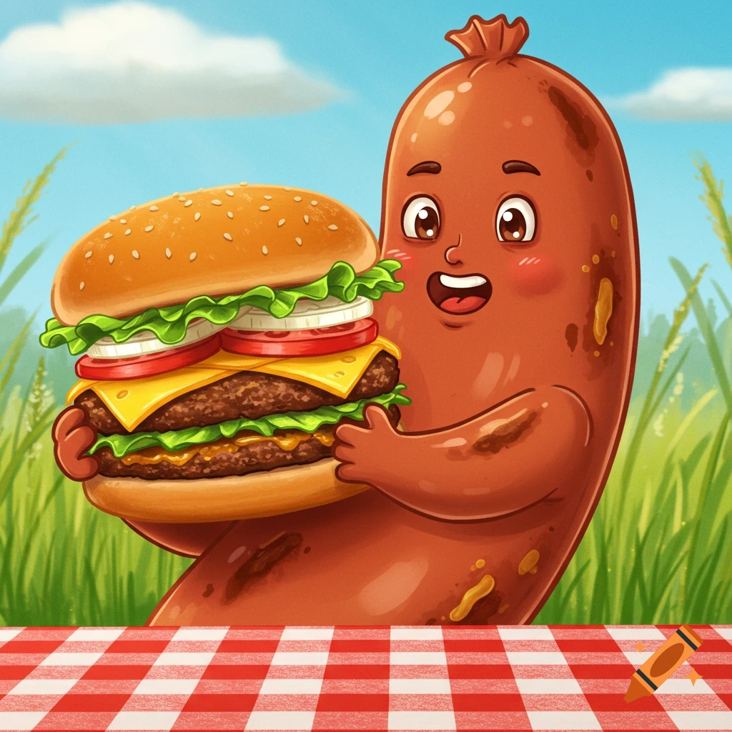 A happy cartoon sausage character holding a large double cheeseburger on a red and white checkered picnic blanket in a grassy outdoor setting.