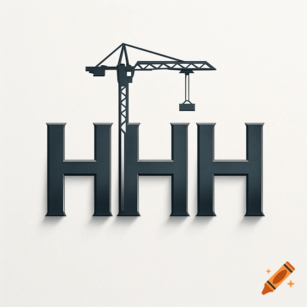 Three dark gray metallic letters HHH with a black construction crane behind them on a white background, in a logo style.